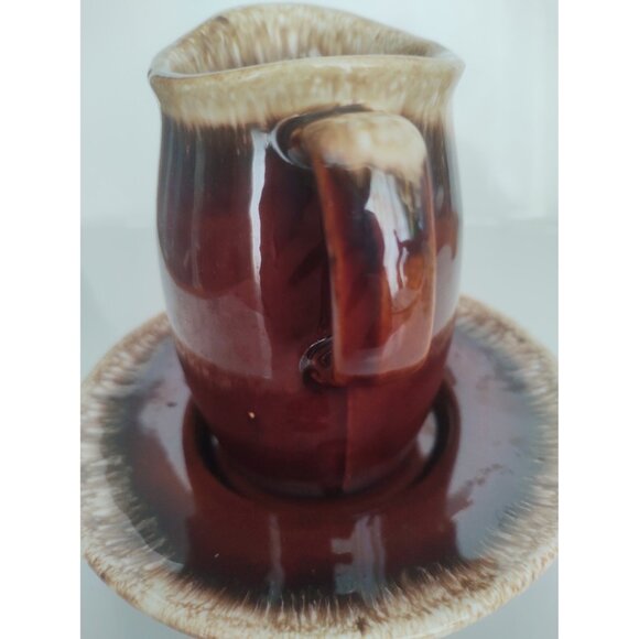 Hull Pottery USA Crestine Pottery Brown Drip Pattern Pitcher & Underplate - Picture 11 of 12